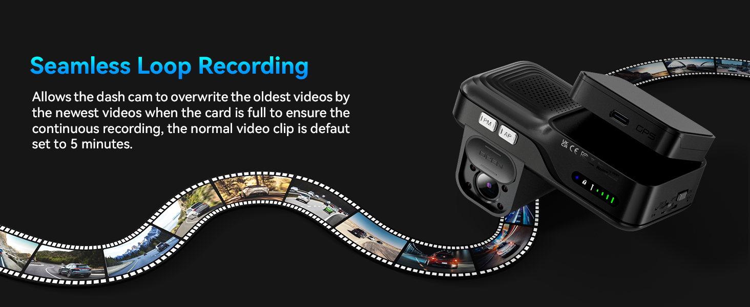 Dash cam with seamless loop recording feature. Black device shown next to curved film strip illustrating continuous video capture. Text describes 5-minute recording cycles.