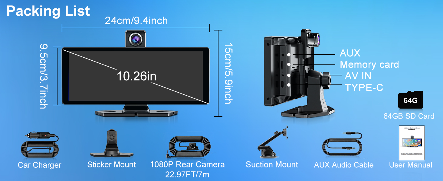 Text reads 'Packing List'. Blue background composite showing various included accessories and components with product icons.