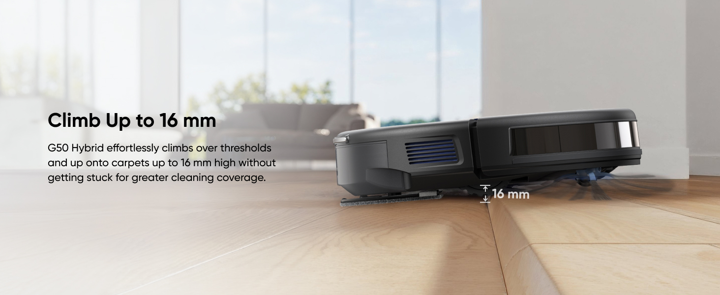 Robot vacuum cleaner with 16mm climbing capability shown in profile view against light flooring.