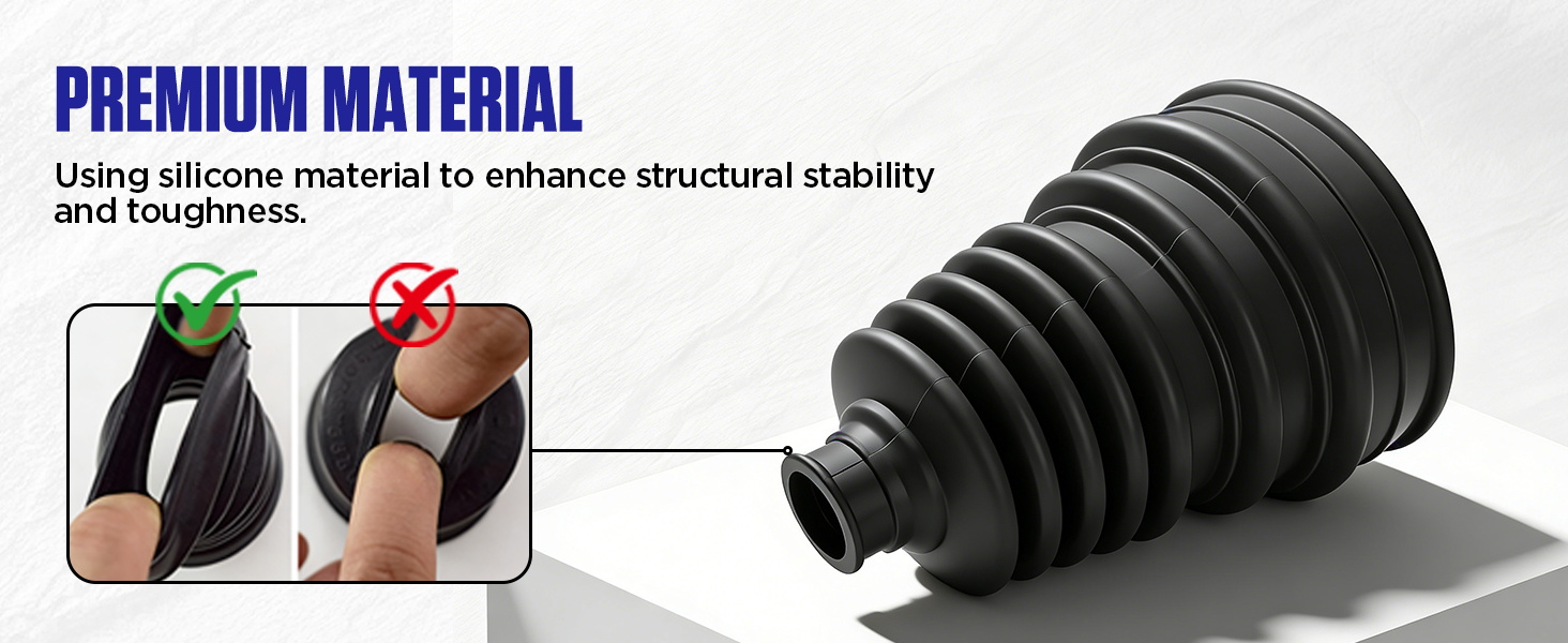Text reads: 'PREMIUM MATERIAL', 'Using silicone material to enhance structural stability and toughness'. Black spiral cable management system shown with demonstration of cable organization capabilities.