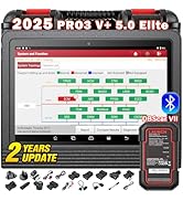 Text reads '2025 Elite CRP123X Plus'. Automotive diagnostic device with touchscreen displaying menu icons, red and black housing, featuring 'ALL SYSTEMS', '3 YEARS', 'FULL OBD', 'AUTO VIN', 'Free Update'.