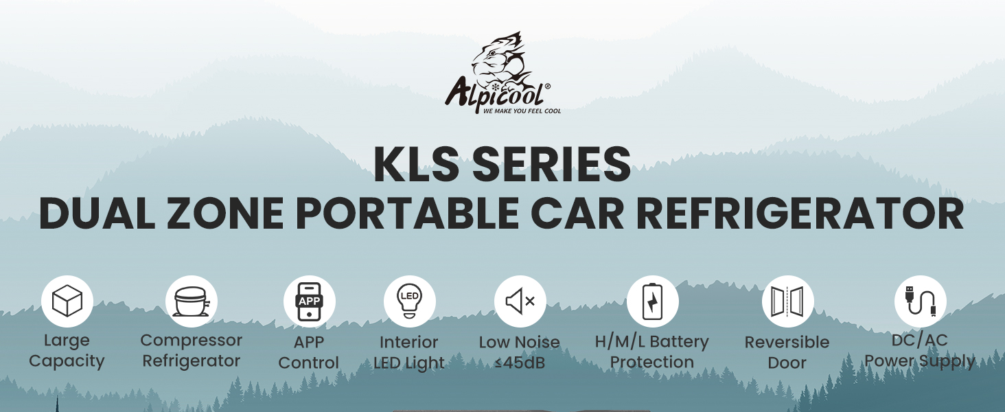 Text reads 'KLS SERIES', 'DUAL ZONE PORTABLE CAR REFRIGERATOR'. Product header with icons indicating features and specifications for dual-zone car cooler.