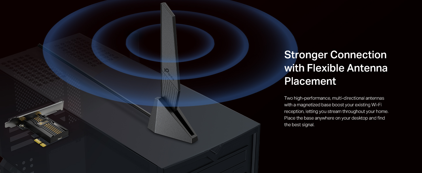 Text reads 'Stronger Connection'. Technical illustration showing wireless signal waves emanating from an antenna placement diagram against dark background.