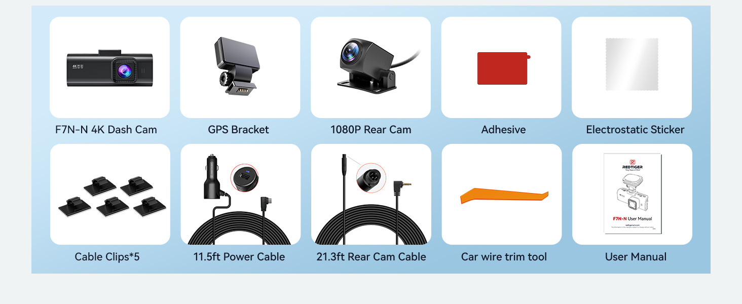 Product accessory grid showing multiple items including drone components, microphone, cables, connectors, and technical equipment with labeled icons arranged in rows.