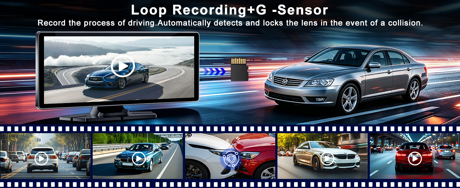 Text reads "Loop Recording 360-Sensor". Composite film strip showing multiple vehicles from aerial and front perspectives, demonstrating 360-degree dash camera recording capability across different vehicle angles.