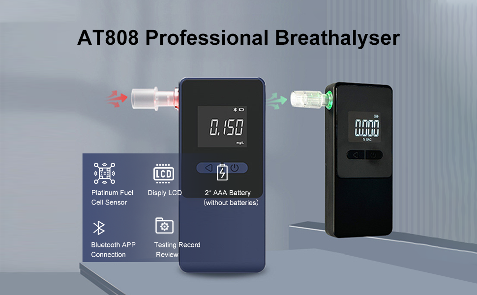 Professional breathalyzer device 'AT808' shown in various angles with digital display and testing components.