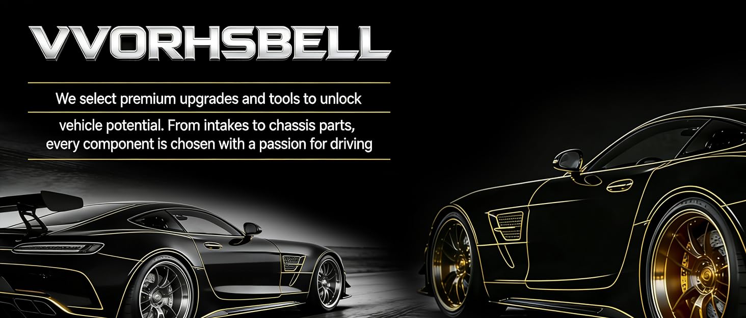 Text reads 'VYORHSBELL'. Wide promotional banner showing luxury cars in dramatic black and white lighting with yellow accent highlights on wheels and body lines.