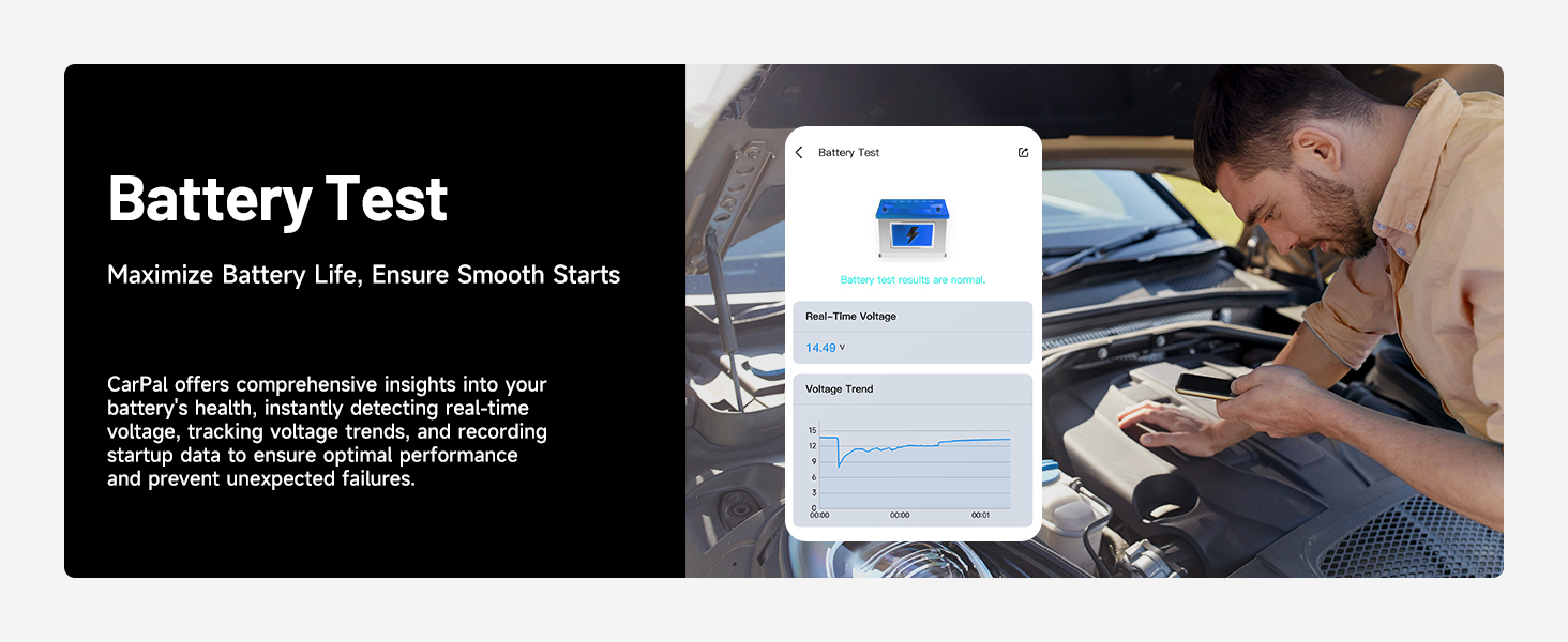 Split-screen image showing battery testing interface on mobile device alongside car maintenance diagnostic work being performed.