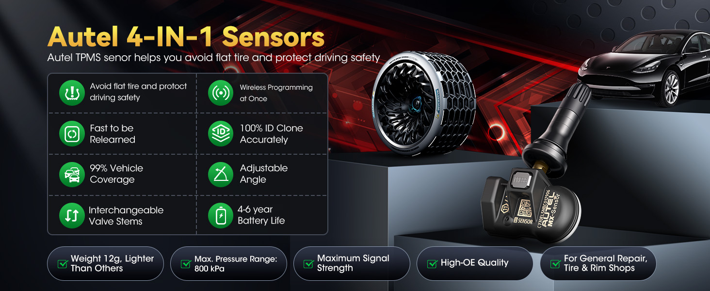 Autel 4-in-1 Sensors product advertisement showing various sensor features for automotive diagnostics, including TPMS, ABS, Oil Reset, and EPB functions.