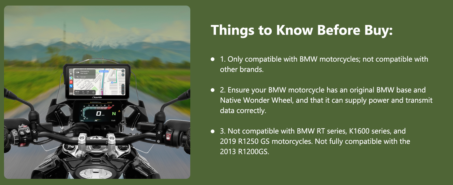 Text reads 'Things to Know Before Buy:' followed by bullet points about BMW motorcycle compatibility. Motorcycle dashboard visible in background with green scenery.
