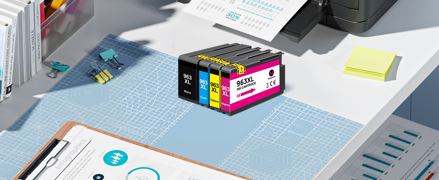 Business desktop setup with printed documents, reports, and office supplies arranged in a professional layout with blue tones.