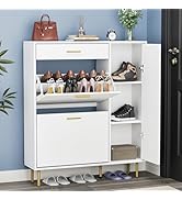 Yvsevnr Wooden Shoe Storage Cabinet with 2 Flip Drawers and 3 Open Shelf Narrow Storage Unit with...