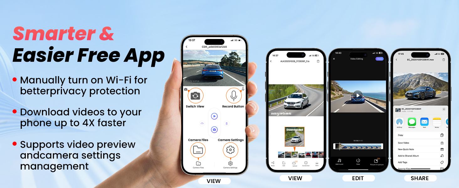 Text reads 'Smarter & Easier Free App • Manually turn on Wi-Fi for better/privacy protection • Download videos to your phone up to 4x faster • Supports video preview beforehand settings management'. Shows smartphone app interface screenshots.