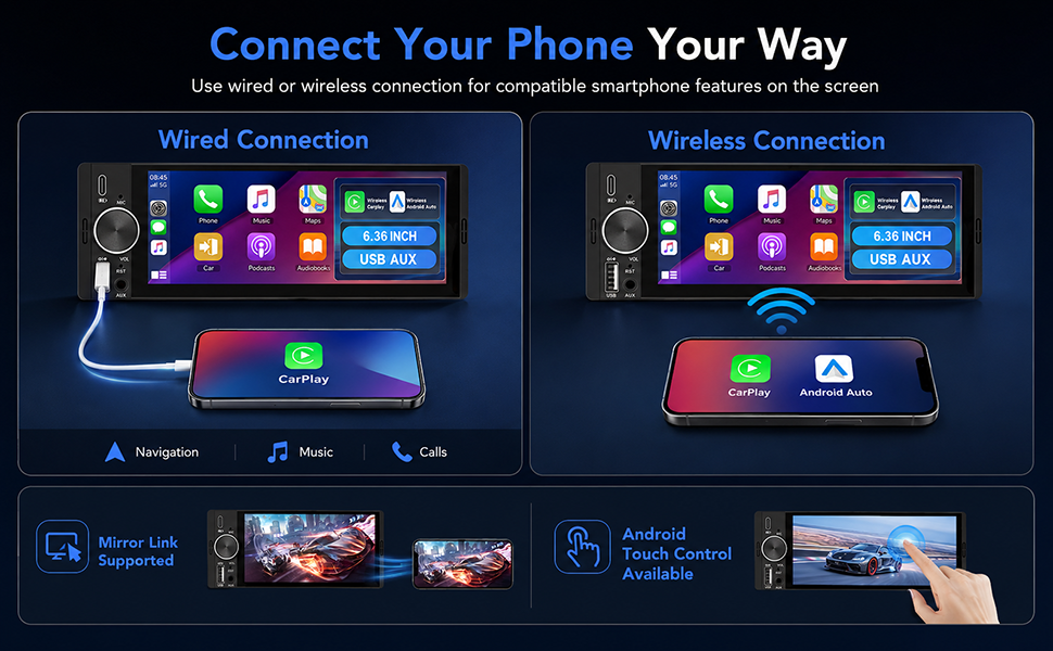 Text reads: 'Refresh Your Car Without Replacing It', 'A compact sight LCD head unit adds modern features to many older LED vehicles', 'Before' and 'After' dashboard comparison showing car infotainment system upgrade with multiple feature icons below.