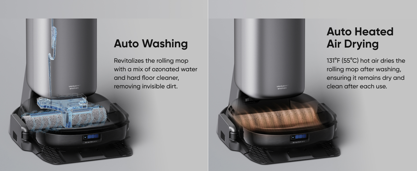Split image showing robotic vacuum features: left panel demonstrates auto washing function, right panel shows heated air drying capability with silver-colored device.
