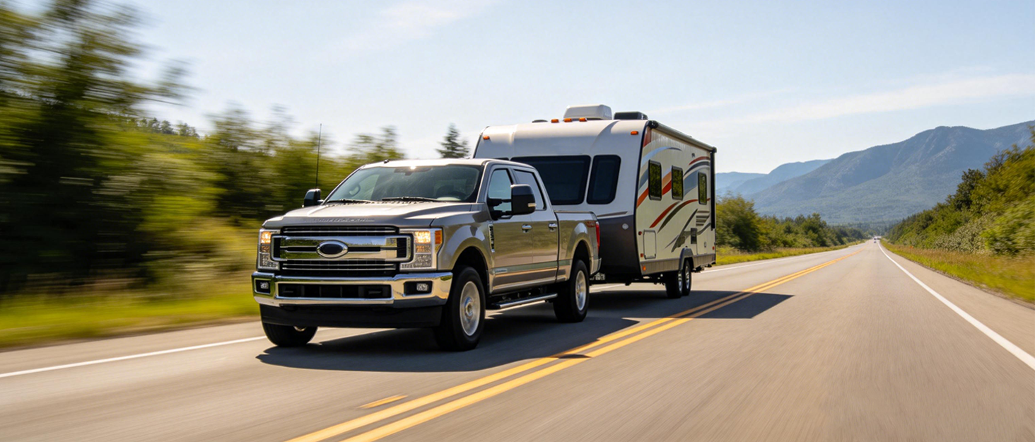 Silver pickup truck towing a large recreational vehicle on a scenic mountain highway, motion blur indicates forward movement through curved road.