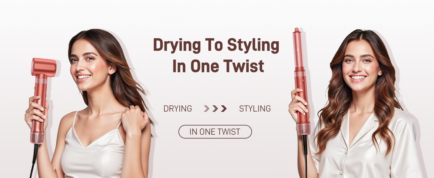 Text reads 'Drying To Styling In One Twist', 'DRY TO>>>', 'STYLING', 'FLEXIONDUIT'. Two women demonstrating a multi-function hair styling tool that dries and styles hair, with before/after styling results shown.