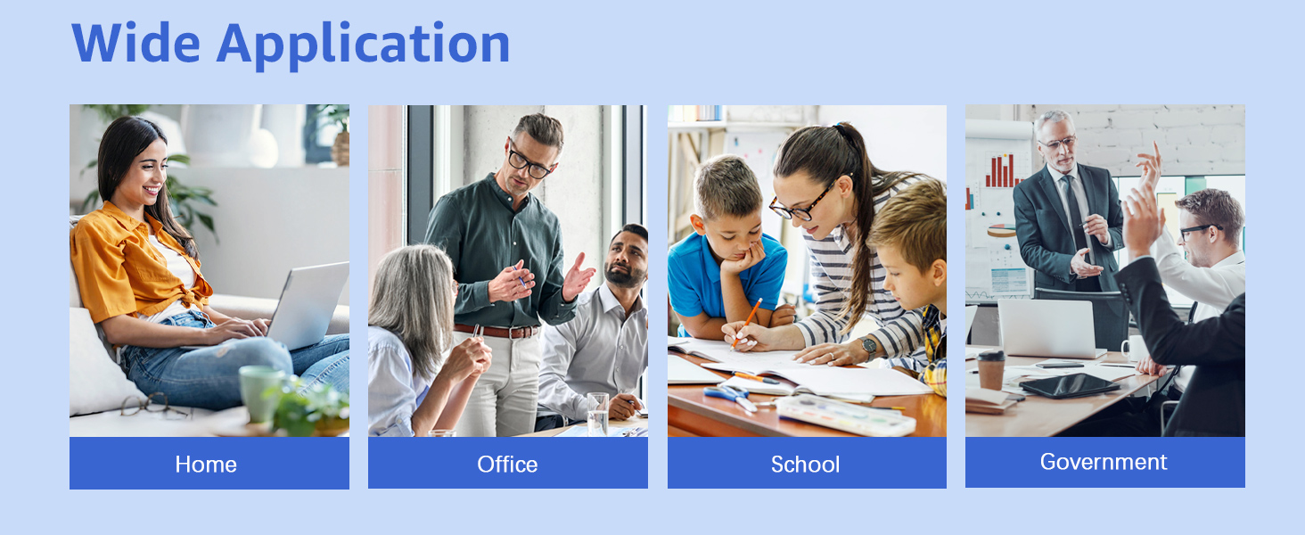 Text reads 'Wide Application' with four sections labeled 'Home', 'Office', 'School', 'Department'. Images show people in various settings using products.
