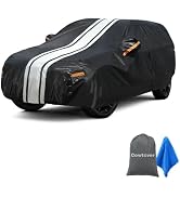 Black car protective cover with white racing stripes and orange accents. Includes gray storage bag and blue microfiber cloth. Full-coverage automotive storage solution for vehicle protection.