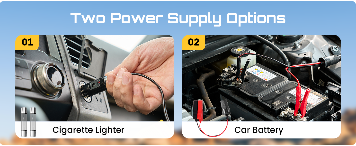 Text reads: 'Two Power Supply Options' with two labeled images: '01 Cigarette Lighter' and '02 Car Battery' showing connection methods for automotive device.