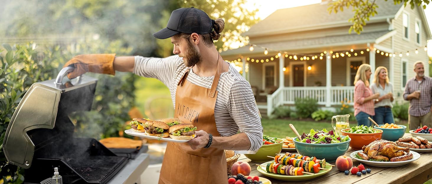 Outdoor event scene with tables of food and drinks set up under string lights at sunset or dusk.
