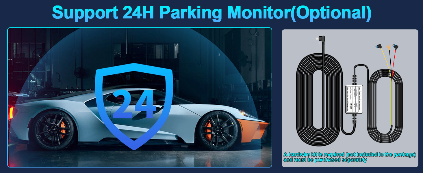 Text reads 'Support 24H Parking Monitor(Optional)'. Split image showing sports car with monitoring overlay and diagram of parking sensor connection setup.