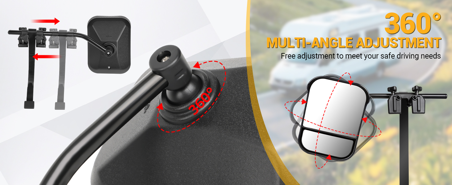 Text reads: '360° MULTIPLE ADJUSTMENT'. Product image showing adjustable car phone mount with rotation capability and mounting mechanism.