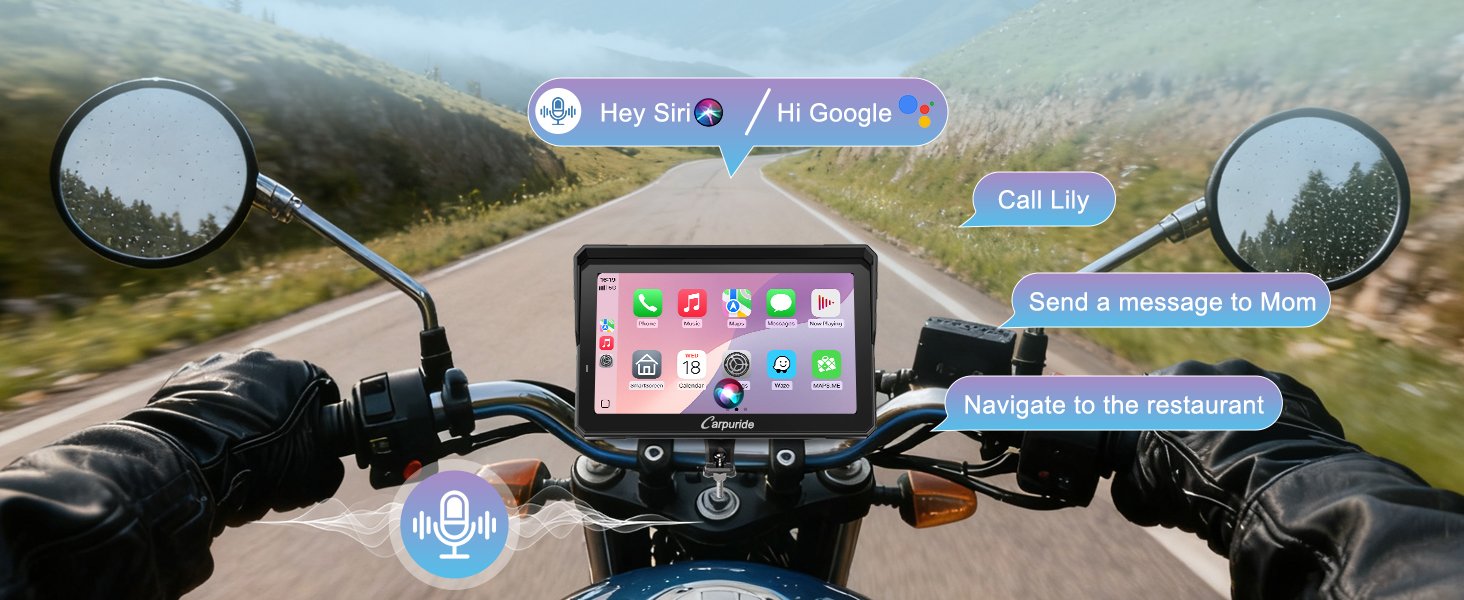 Point-of-view shot from motorcycle handlebars showing navigation display mounted on handlebar with app icons visible, motorcycle mirrors and winding road ahead in background.