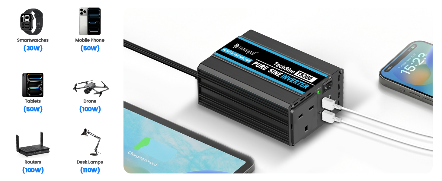Black multi-port USB power adapter/charger with multiple cables connected to smartphones and other devices. Product shown with packaging box on blue water surface background demonstrating charging capability.