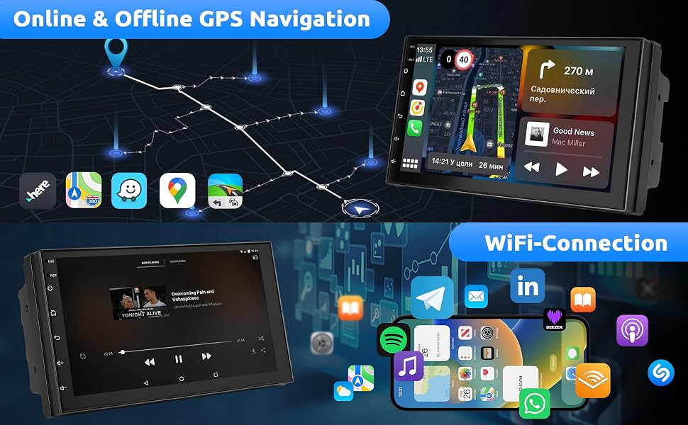 Text reads 'Carplay & Android Auto & Mirror Link'. Digital interface display showing smartphone integration features with colorful app icons, waveform visualization, and connectivity options for vehicle infotainment systems.