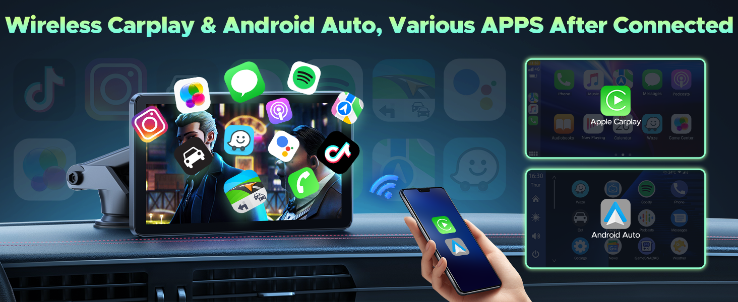 Car infotainment system displaying wireless CarPlay and Android Auto connectivity with floating app icons and smartphone integration demonstration.