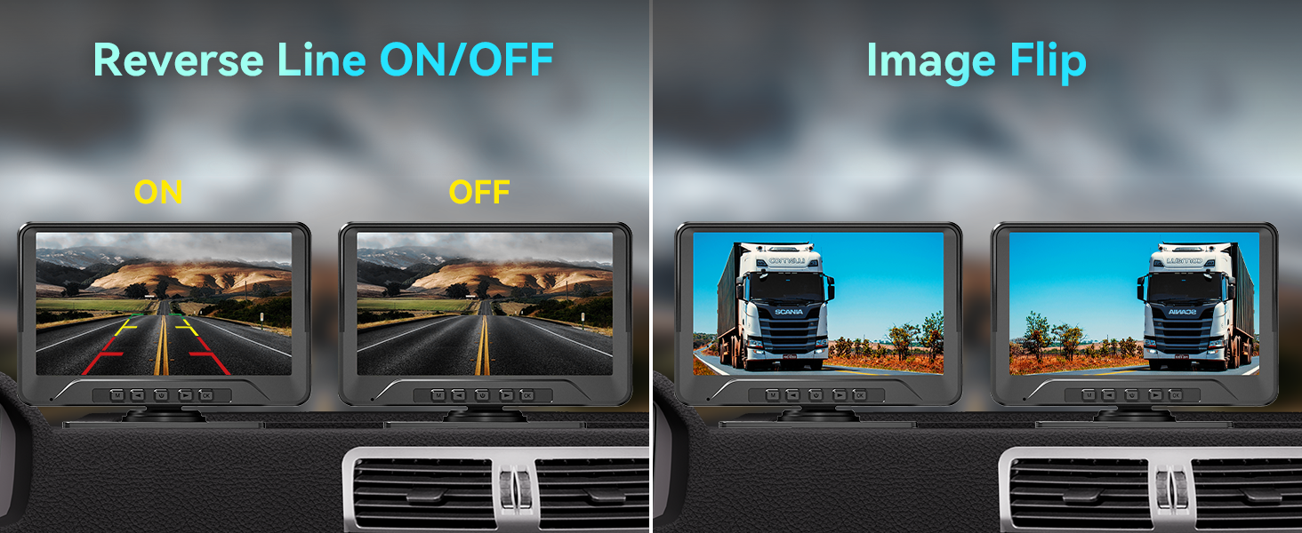 Text reads 'Reverse Line ON/OFF', 'Image Flip', 'ON', 'OFF'. Series of automotive dashboard display comparisons showing different viewing modes.