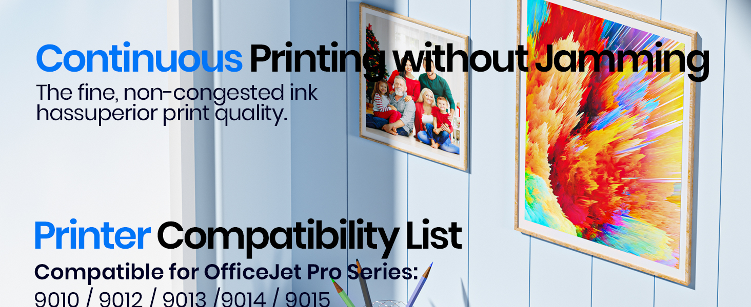 Text reads 'Continuous Printing without Jamming', 'Printer Compatibility List', 'Compatible for OfficeJet Pro Series'. Technical diagram showing printer components and ink flow system.