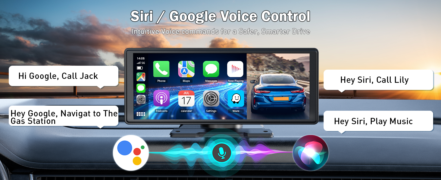 Text reads 'Hey Siri, Call Jack', 'Hey Siri, Play Music'. Car dashboard interface showing various voice command options and controls with illuminated display.
