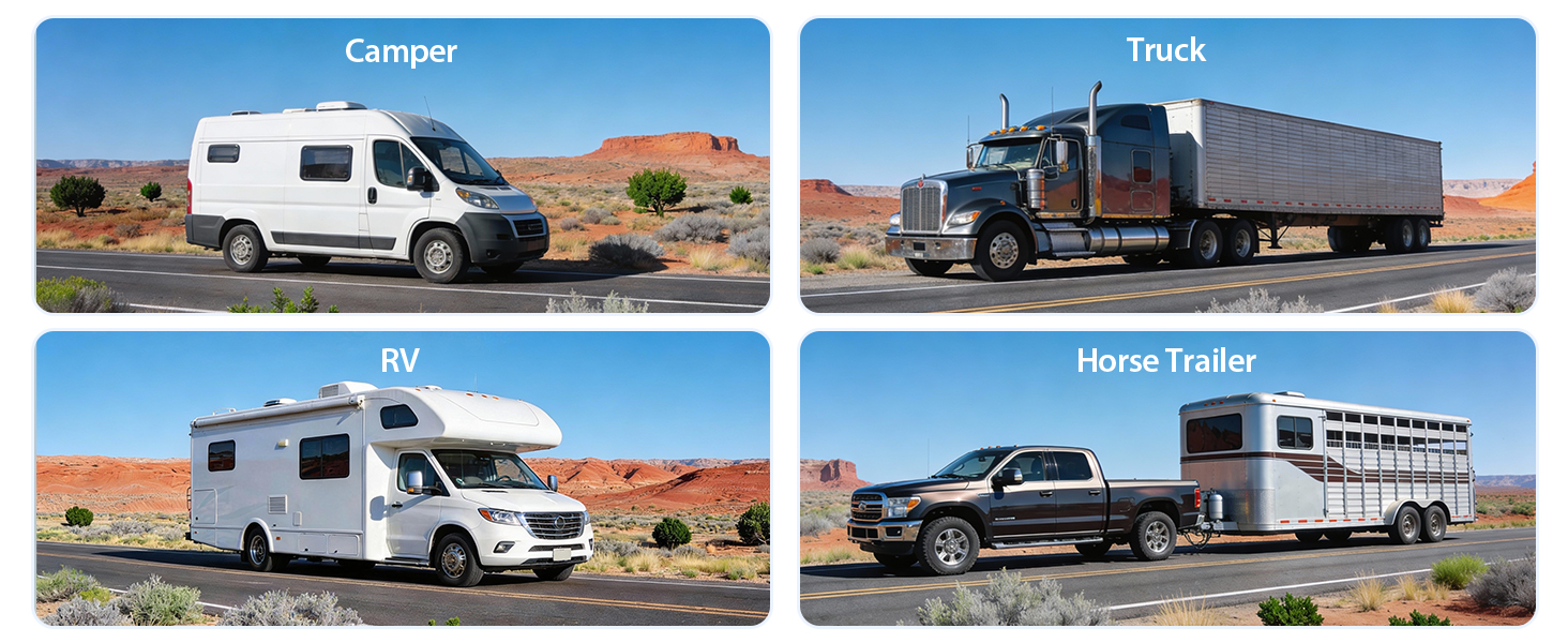 Text labels: 'Camper', 'Truck', 'RV', 'Horse Trailer'. Collection of various recreational and utility vehicles photographed in desert setting with red rock formations.