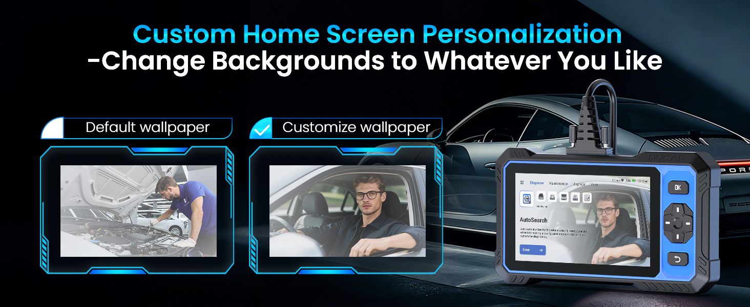Text reads 'Custom Home Screen Personalization - Change Backgrounds to Whatever You Like' with three smart display devices showing customizable wallpapers including Default wallpaper and Custom wallpaper options.