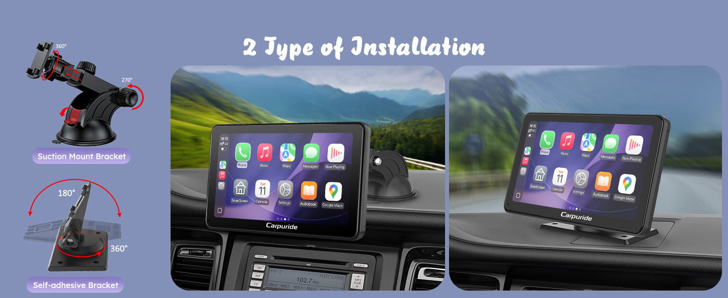 Text reads '2 Type of Installation'. Dashboard mount shown in two configurations: mounted on dashboard and on windshield with smartphone displaying app interface.