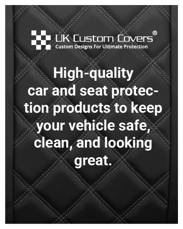Text reads 'Showroom Reveal Covers'. Product image showing black protective covers partially draped over red vehicle bodywork.