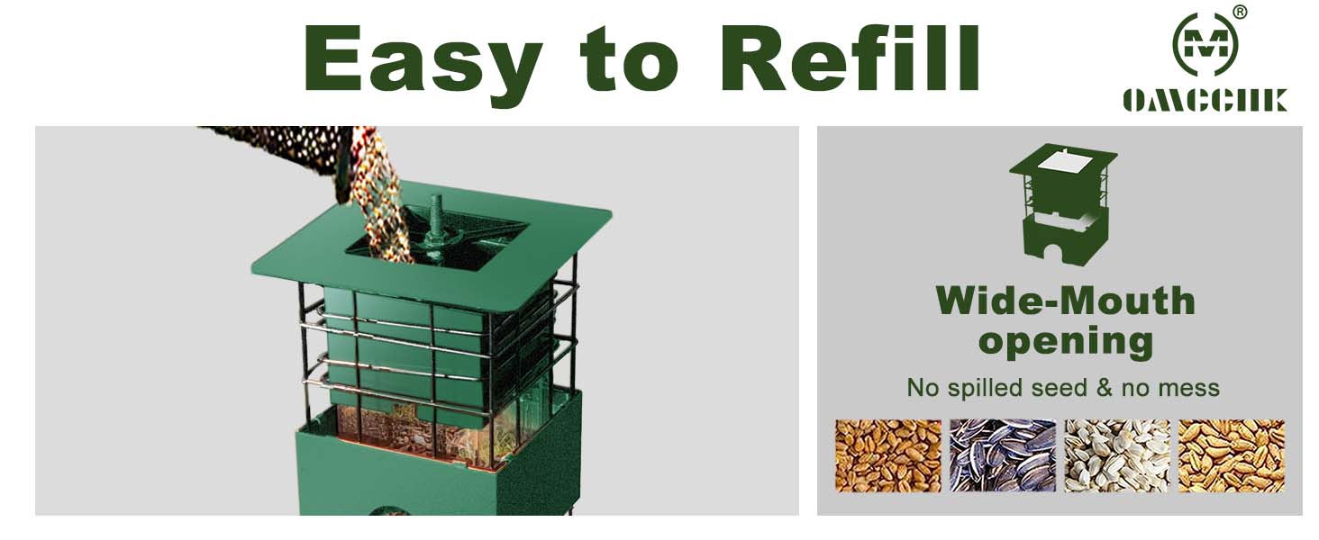 Text reads 'Easy to Clean Quick-Dry Design' with checkmarks listing '8 Built-In Drainage Holes', 'Easy Disassembly & Rinse', 'No Water Stagnation. No Mould', 'Keeps Seed Fresh & Feeder Hygenic'. Green tray product shown.
