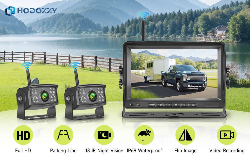 Text includes 'HD', 'Parking Line', 'IR Night Vision', 'IP67 Waterproof', 'Flip Image', 'Video Recording'. Vehicle backup camera system demonstration showing installation and features in outdoor settings.