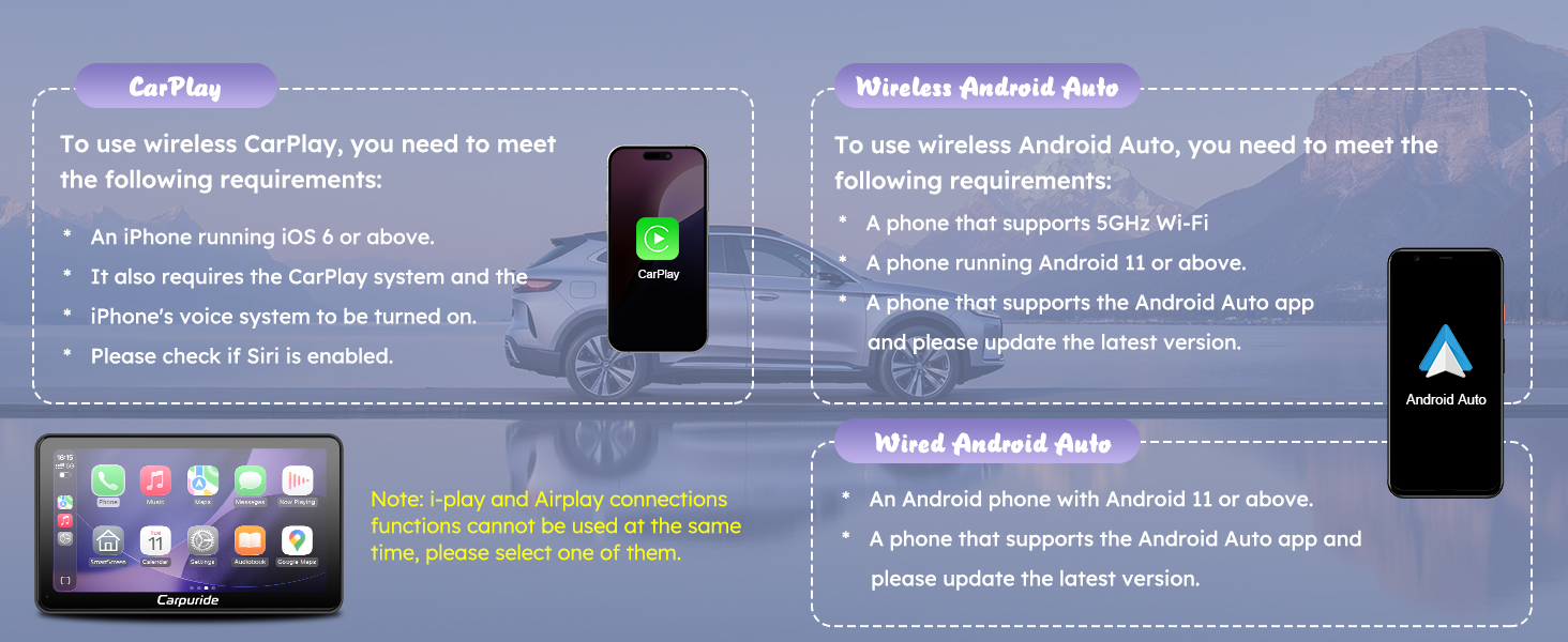 Two smartphone screens displayed side-by-side showing app interfaces with text describing features, controls, and notifications in dual-language format.