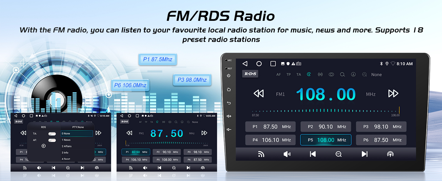 Text reads: 'FM/RDS Radio'. Car stereo interface displays showing digital radio controls and frequency displays across multiple screens with blue lighting.