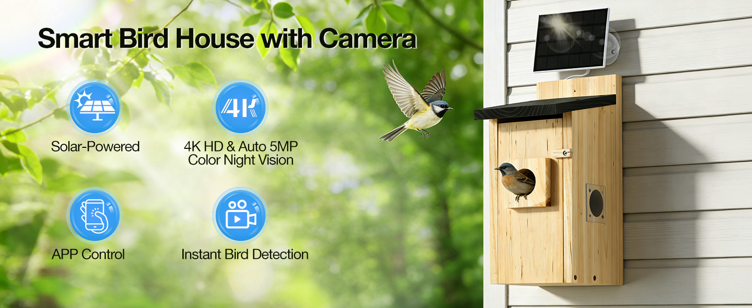 Text reads 'Smart Bird House with Camera'. Multiple interface screenshots showing app features with WiFi and camera icons, alongside wooden birdhouse product image.