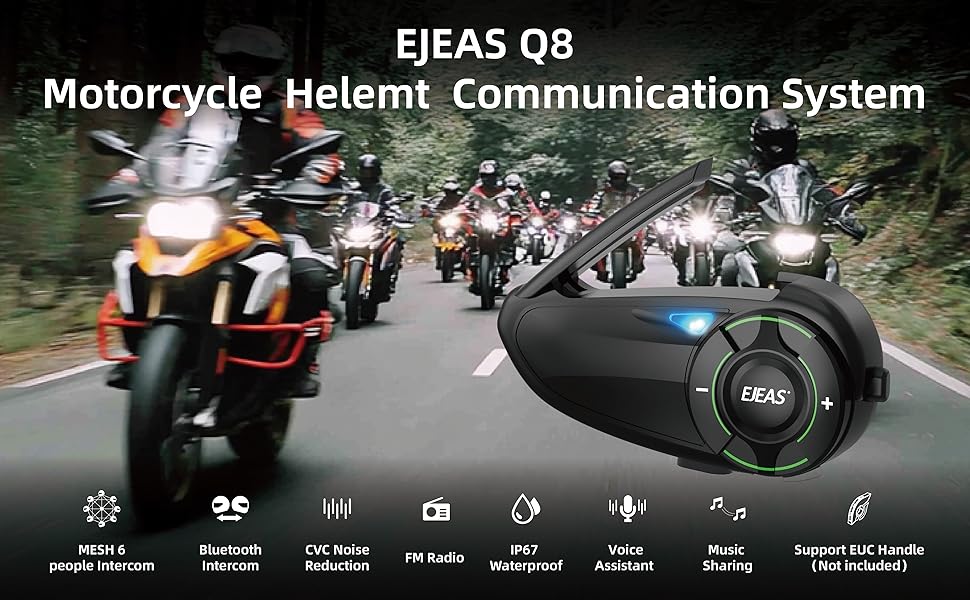 Text reads: 'EJEAS Q8 Motorcycle Helmet Communication System'. Product feature icons showing Bluetooth, FM radio, intercom, and other connectivity options for motorcycle communication device.