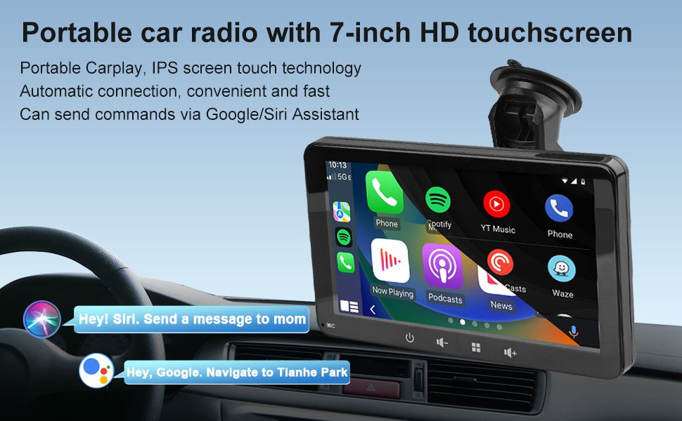 Text reads 'Portable car radio with 7-inch HD touchscreen', 'Portable CarPlay, IPS screen touch technology', 'Can send commands via GoogleSiri Assistant'. Car display unit showing navigation and phone interface.