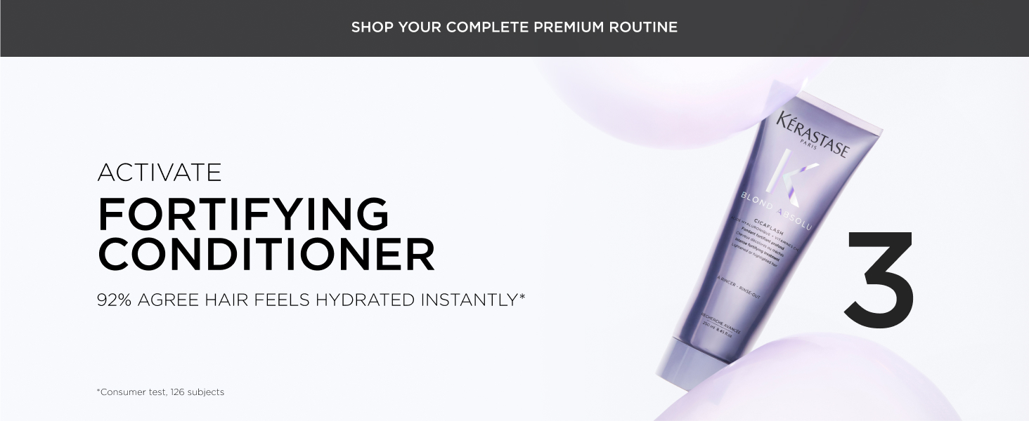 Text reads 'ACTIVE FORTIFYING CONDITIONER' and 'SCALP HEALTH & HAIR STRENGTH SUPPORT' with number '3'. Purple conditioner tube displayed against light background.