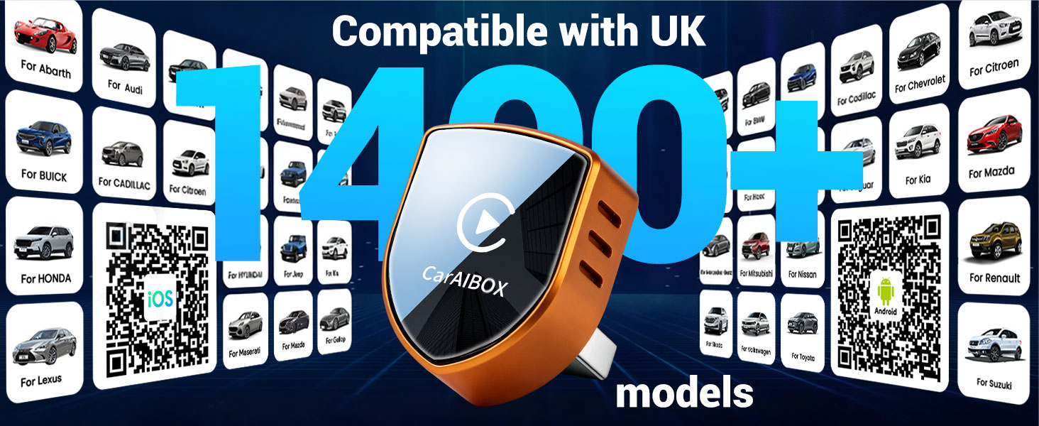 Text reads 'Compatible with UK', '500 models'. Orange and black computer mouse surrounded by small car model icons representing vehicle compatibility.