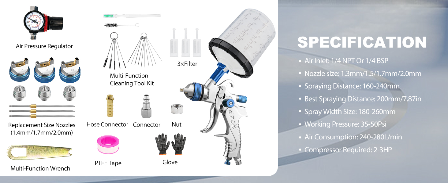 Text reads 'TO EXTEND THE LIFE OF YOUR SPRAY GUN', 'CLEAN IT IMMEDIATELY AFTER USE. THIS PREVENTS PAINT FROM HARDENING AND CLOGGING ORIFICES.' Shows spray gun maintenance instruction with images of cleaning processes, brushes, and spray gun nozzle components.