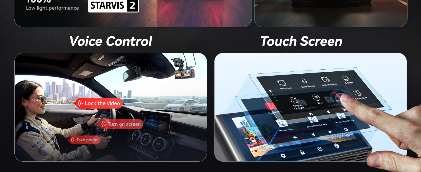 Text reads 'Voice Control' and 'Touch Screen'. Multiple panels showing smart device interfaces and control panels with touchscreen displays and digital controls.