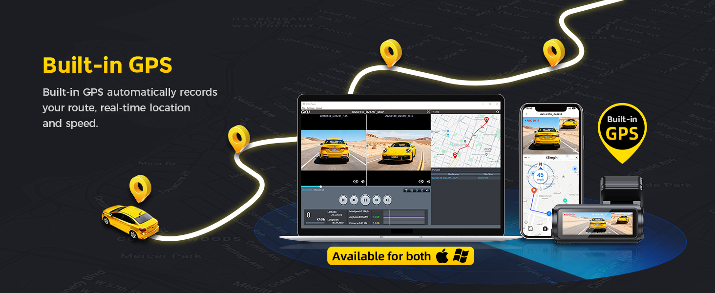 Text reads 'Built-In GPS' with 'GPS de navegación en tiempo real' and additional text. Dashboard device with GPS mapping interface shown with yellow directional lines, navigation app screens, and GPS icon illustration.